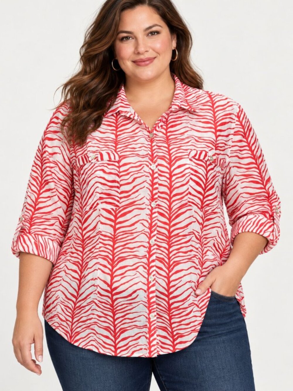 Chico's Womens Top Zebra Stripe Pink Cotton Long Sleeve Pockets Size 3 | XL